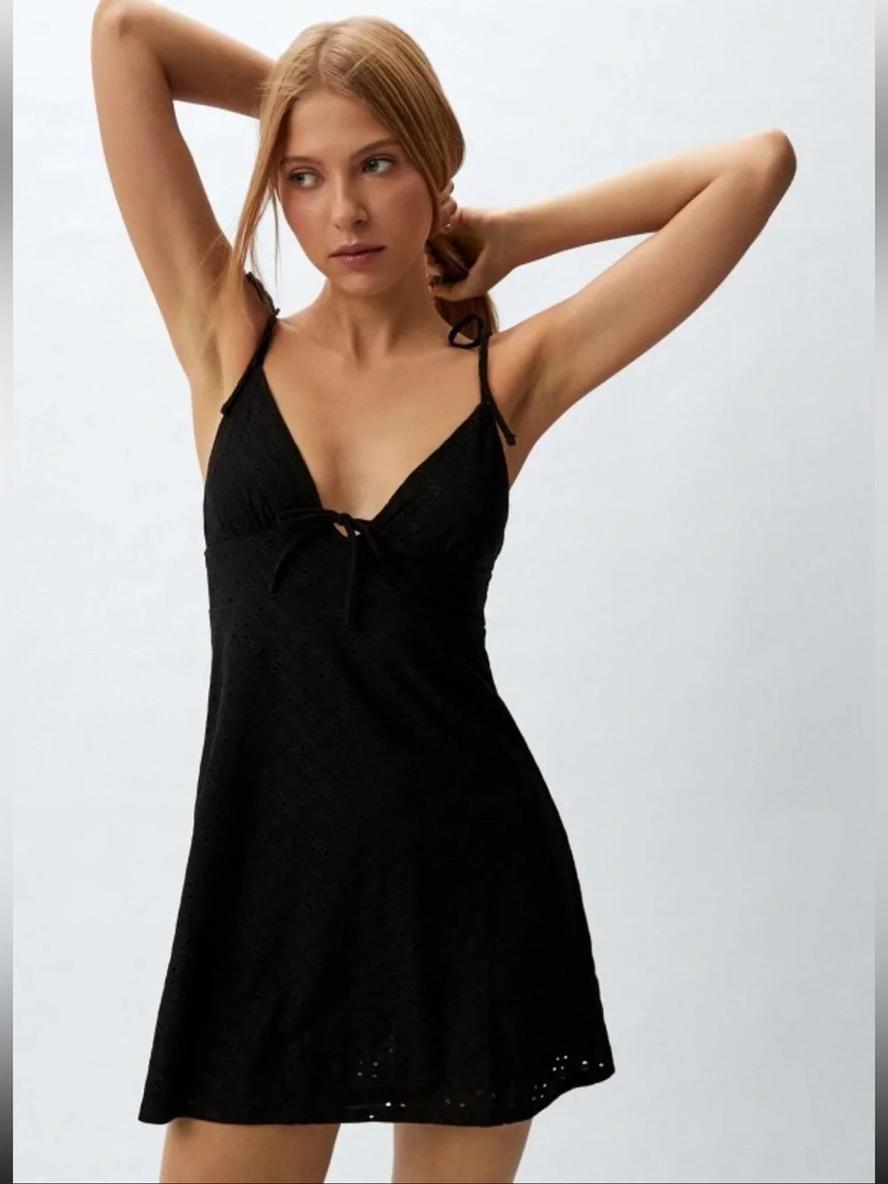 H&M Eyelet Mini Dress Black Ties Women  NWT Medium M